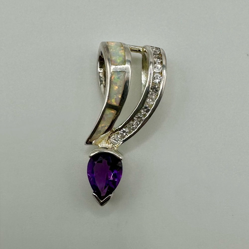 Atasay Kuyumculuk AK Sterling Silver 925 Amethyst Opal CZ Pendant Turkey Vtg